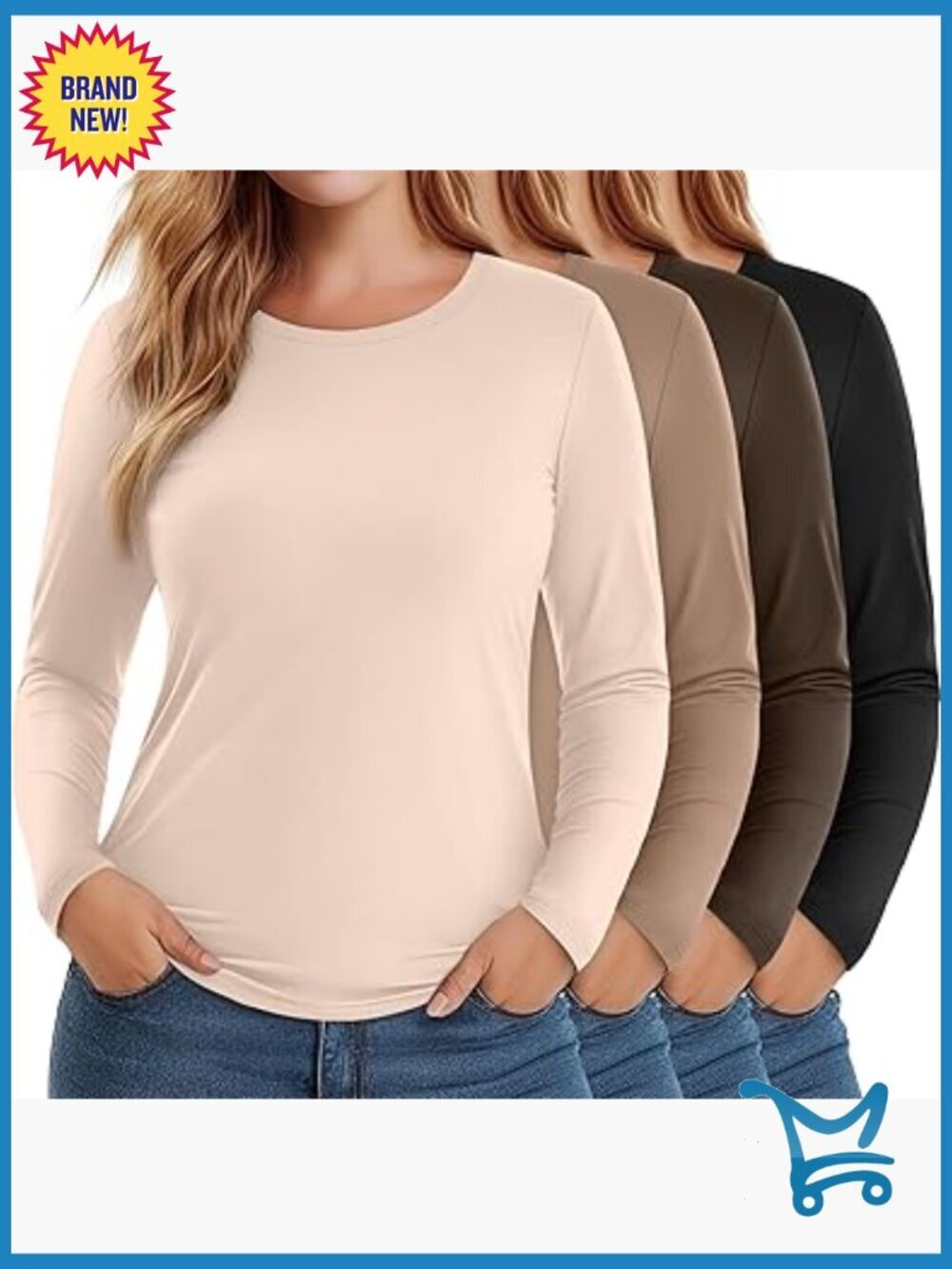 4pk Women's Plus Size Long Sleeve Crew Neck Slim Fit Tunic Tops Basic Tees